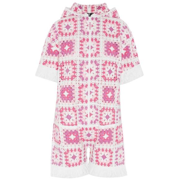 Onepiece Coverup Crochet Short Jumpsuit Pink White size XS/S Resort Retro Rare - Picture 1 of 6